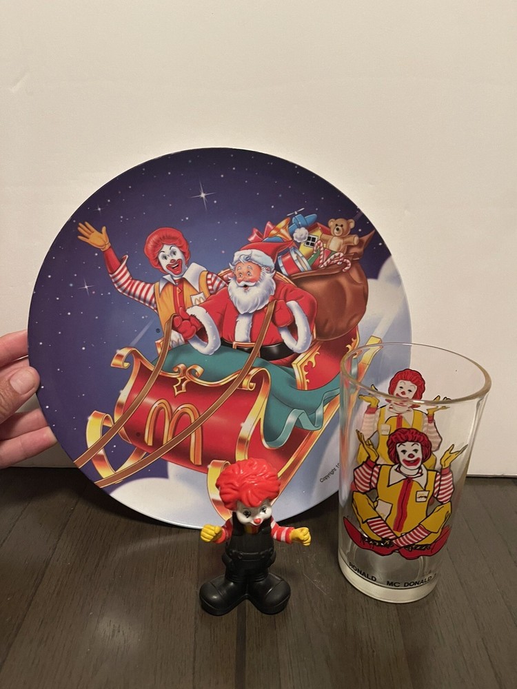 Vintage Ronald McDonald plate, glass, and figurine bundle