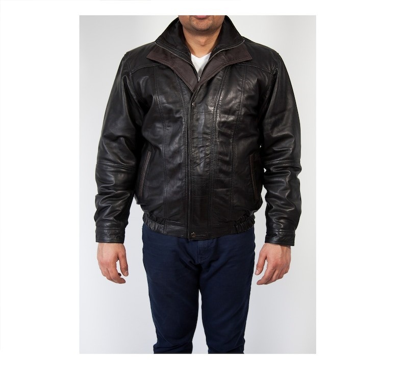 Men's Lambskin Bomber Jacket with Double Collar Leather Coat