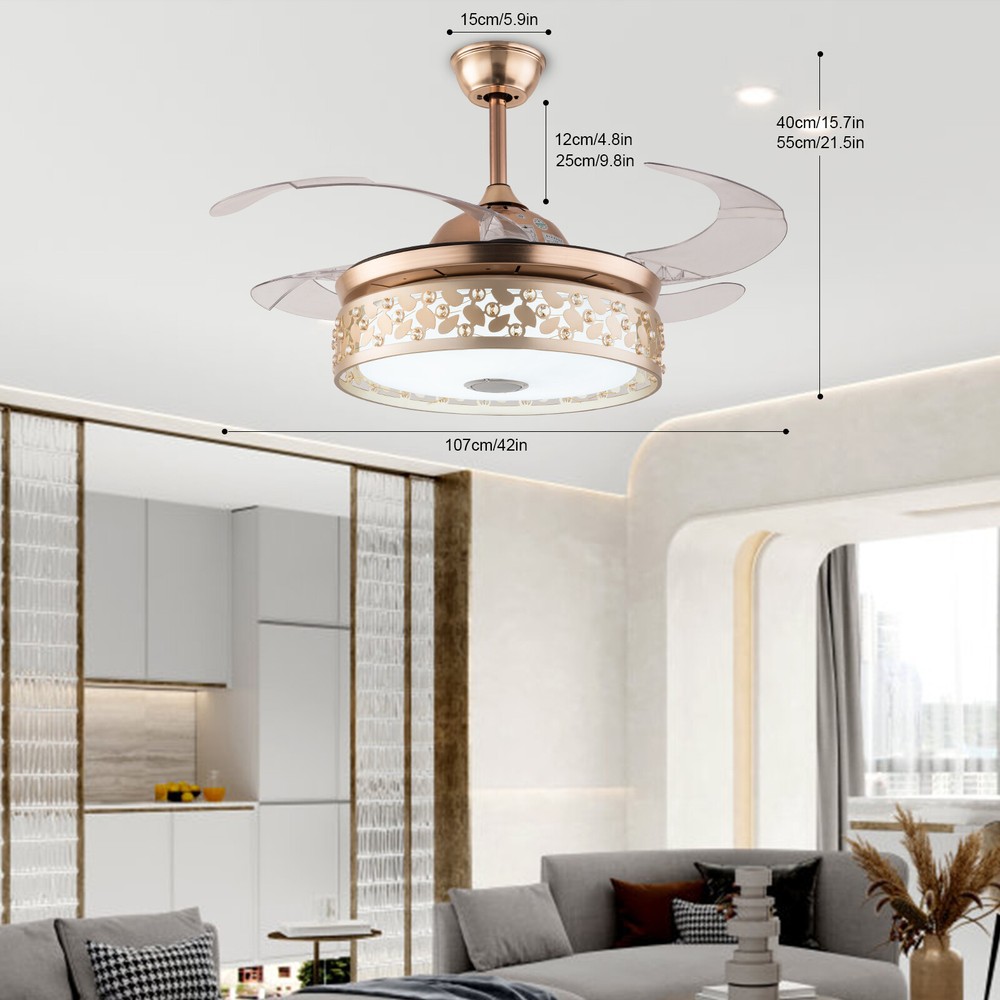42-Inch Retractable Ceiling Fan with LED Lights Bluetooth Speaker 7 Color Modes  