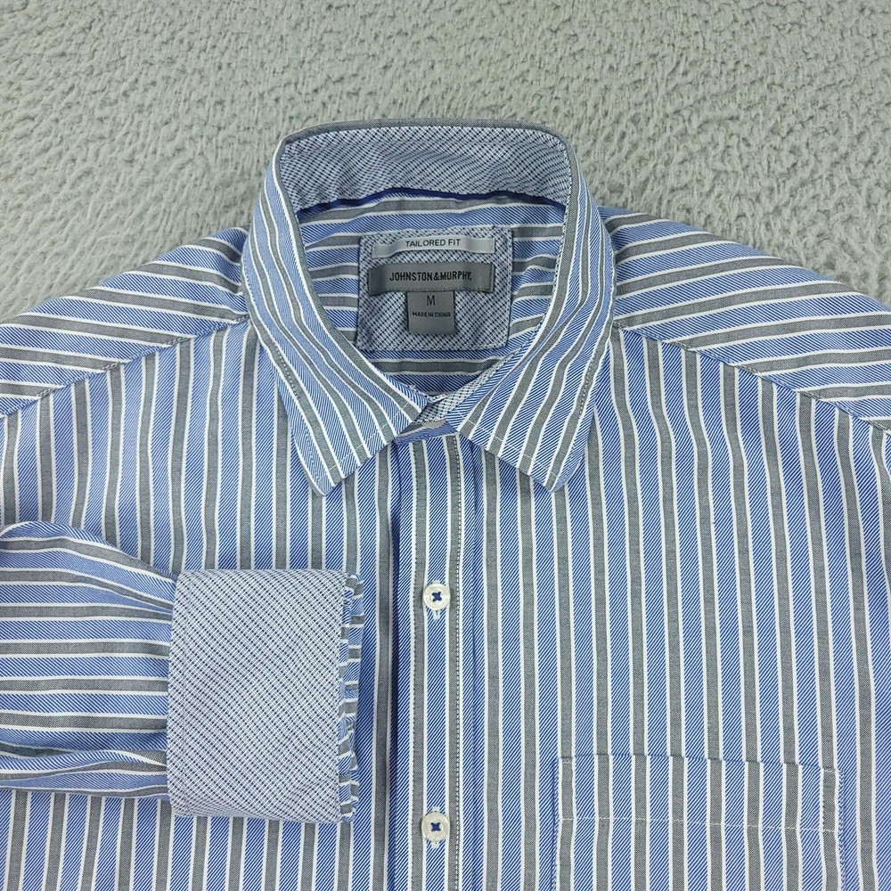 Johnston & Murphy Shirt Mens Medium Blue Stripe Tailored Fit Flip Cuff Office