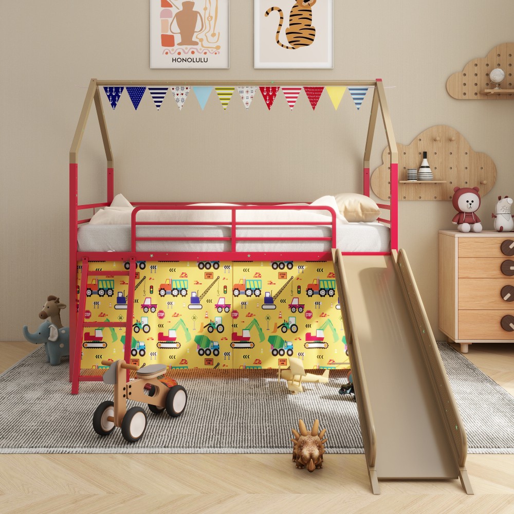 Metal Junior House Twin Loft Bed W Slide and Curtain Set