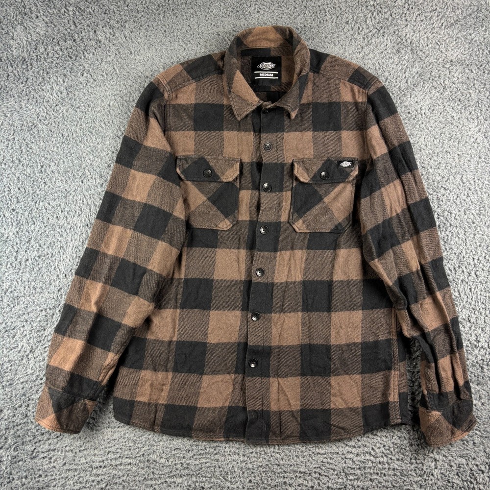 Dickies Flannel Overshirt Mens Medium Brown Black Check Long Sleeve Button Up