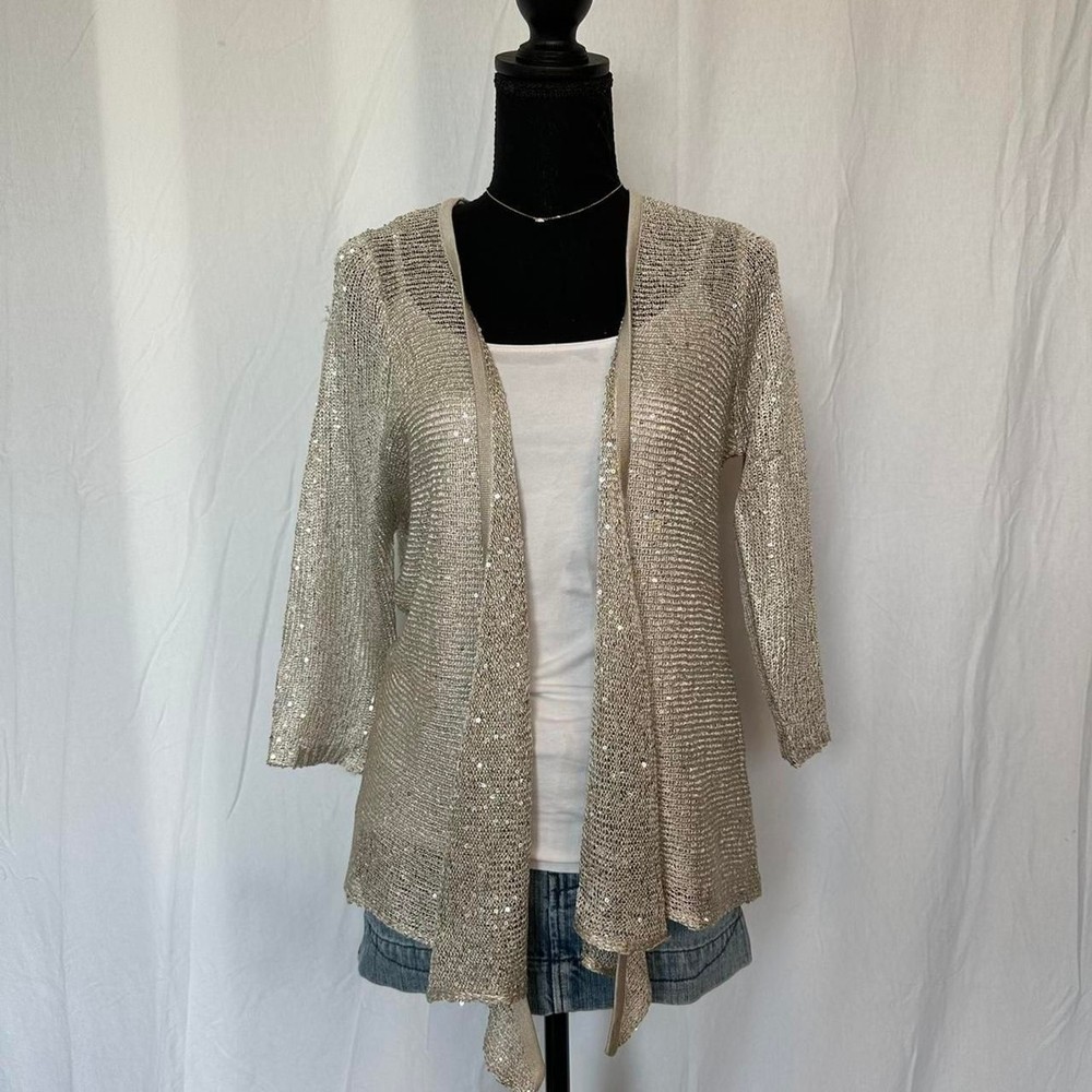 Vintage Belldini Shrug \ Y2K 2000s Beige and Gold Sequin Cardigan