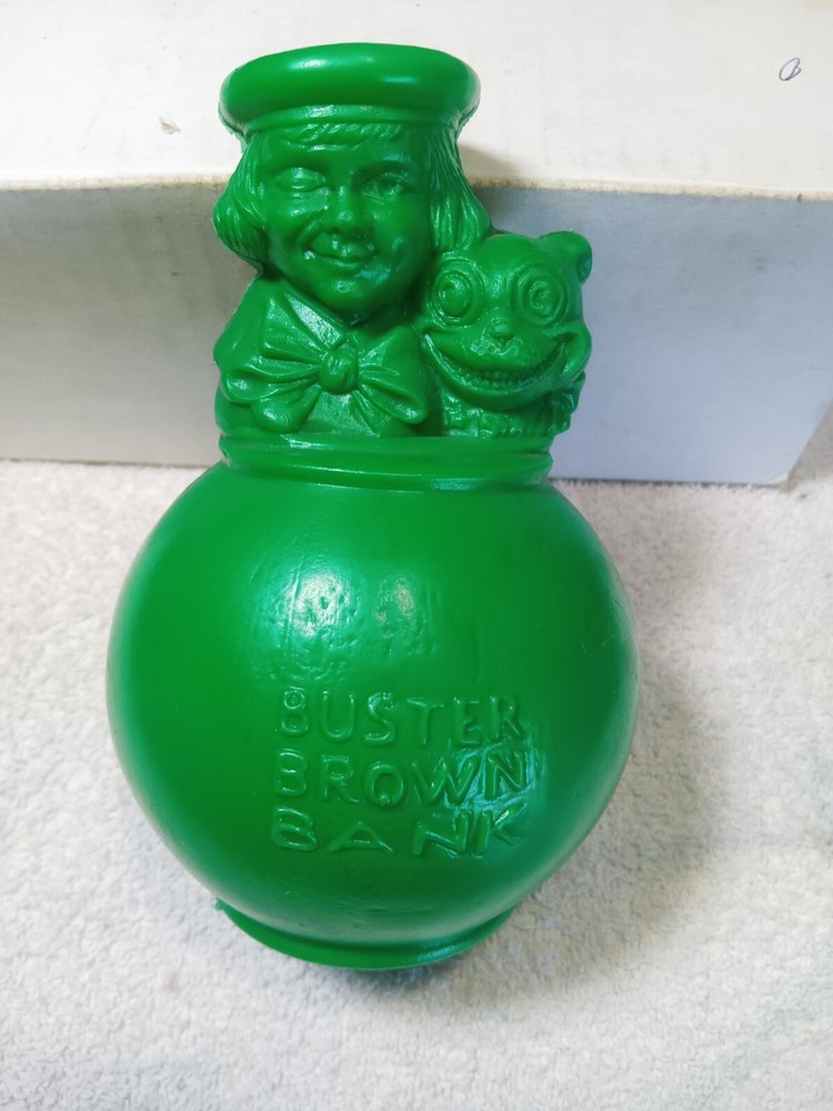 VTG Buster Brown shoe plastic coin bank advertising mascot boy / dog green