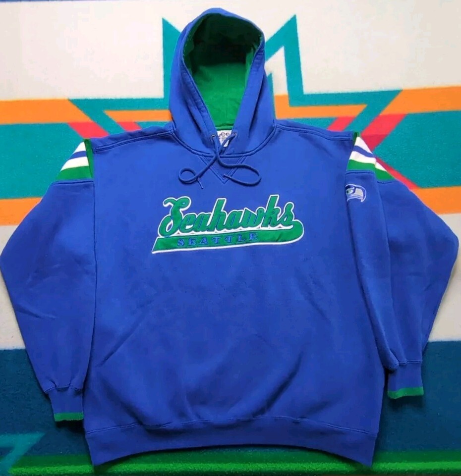 Vintage Seattle Seahawks Script Embroidered Hoodie Sweatshirt Pullover 90s Large
