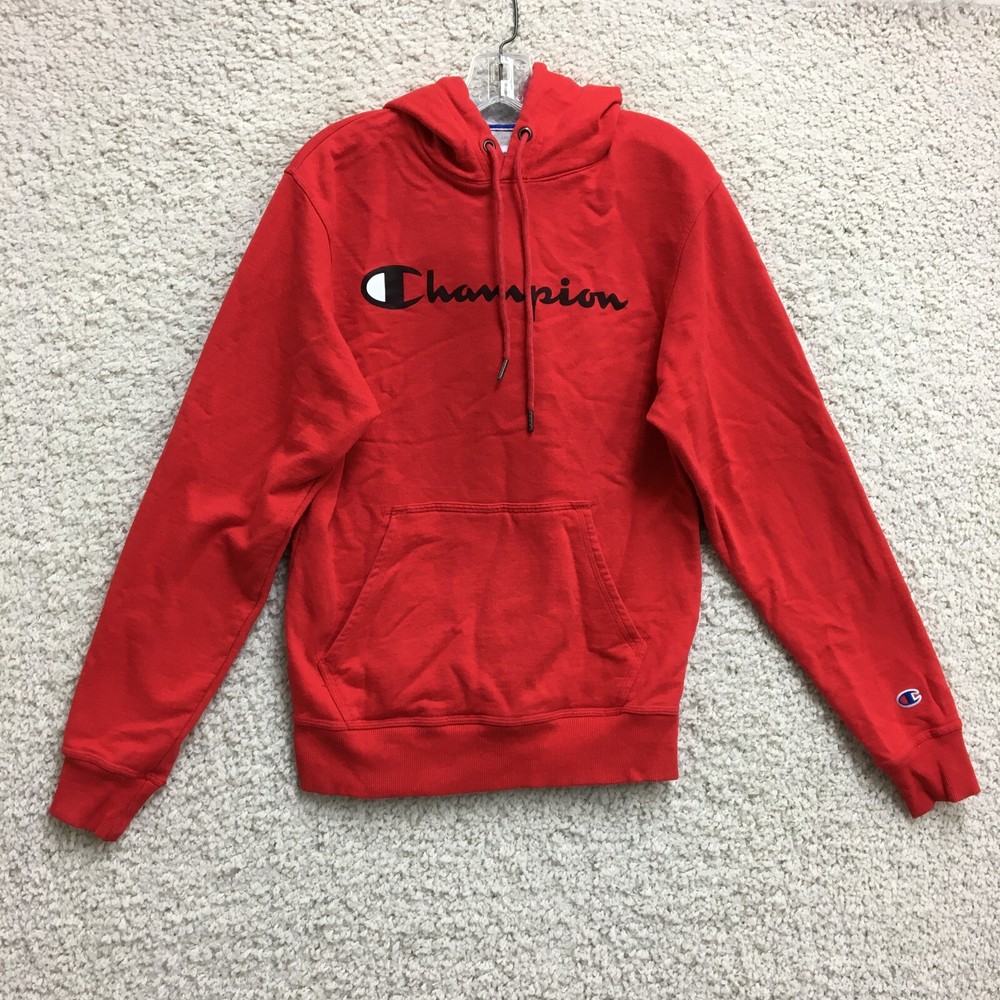 Champion Hoodie Small Adult Red Graphic Logo Pullover Sweatshirt Athletic Mens