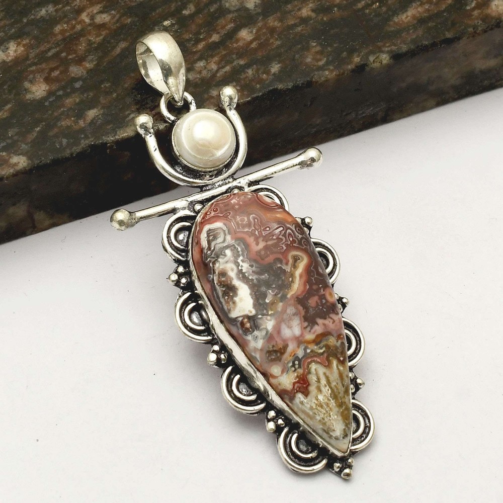 Handmade Crazy Lace Agate Pearl Pendant Jewelry 2.8 Inches AP-24026