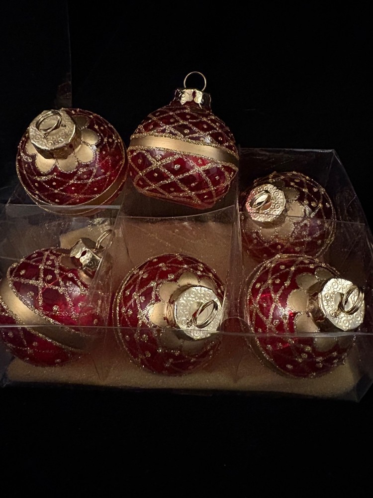 vintage red & gold glass christmas tree decorations x 6