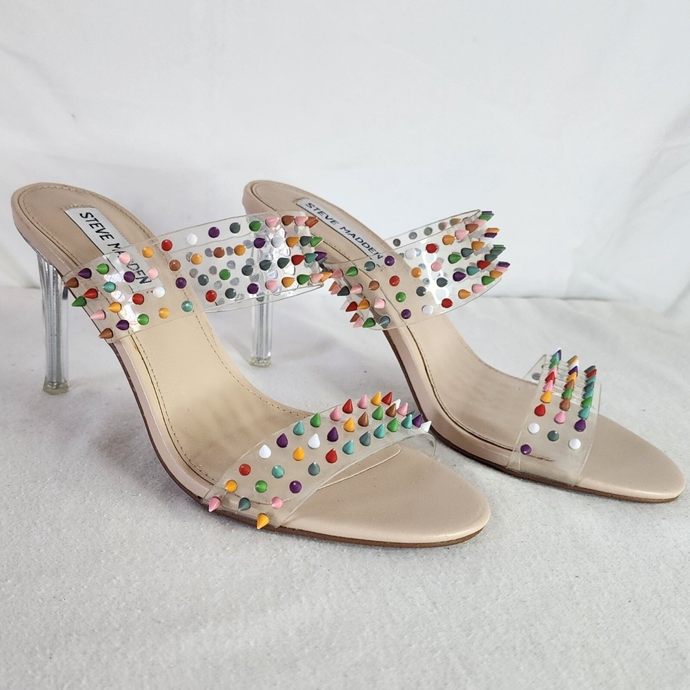 Steve Madden Bubbly Clear Strap Stiletto Heels with Colorful Studs Size 7M