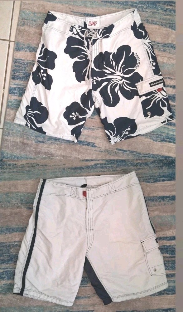 Abercrombie & Fitch Board Shorts Mens Waist 34 White Blue Reversible Floral Y2K