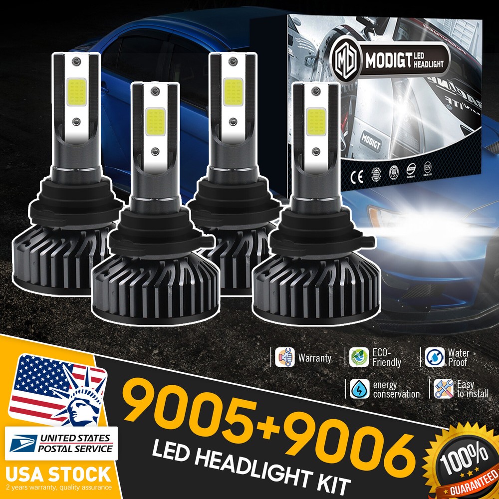 9005 9006 LED Headlight Bulbs Conversion Kit High Low Beam 6000K White 2-Pair