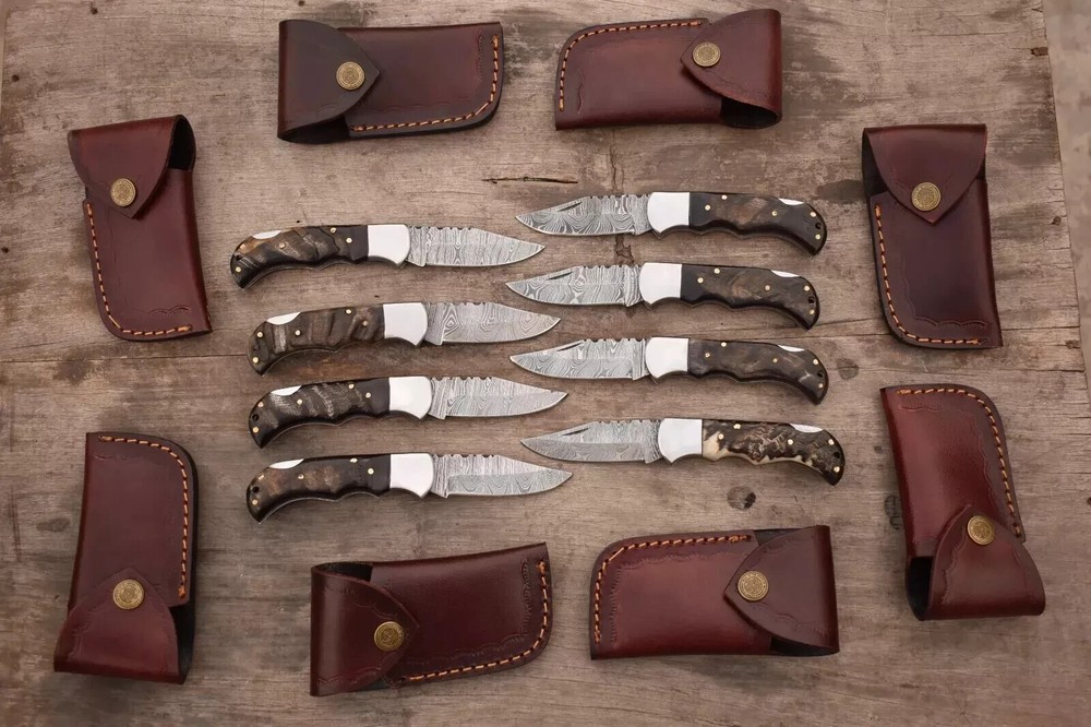 8 Handmade Ram Horn Damascus Steel Pocket Knives with Sheaths