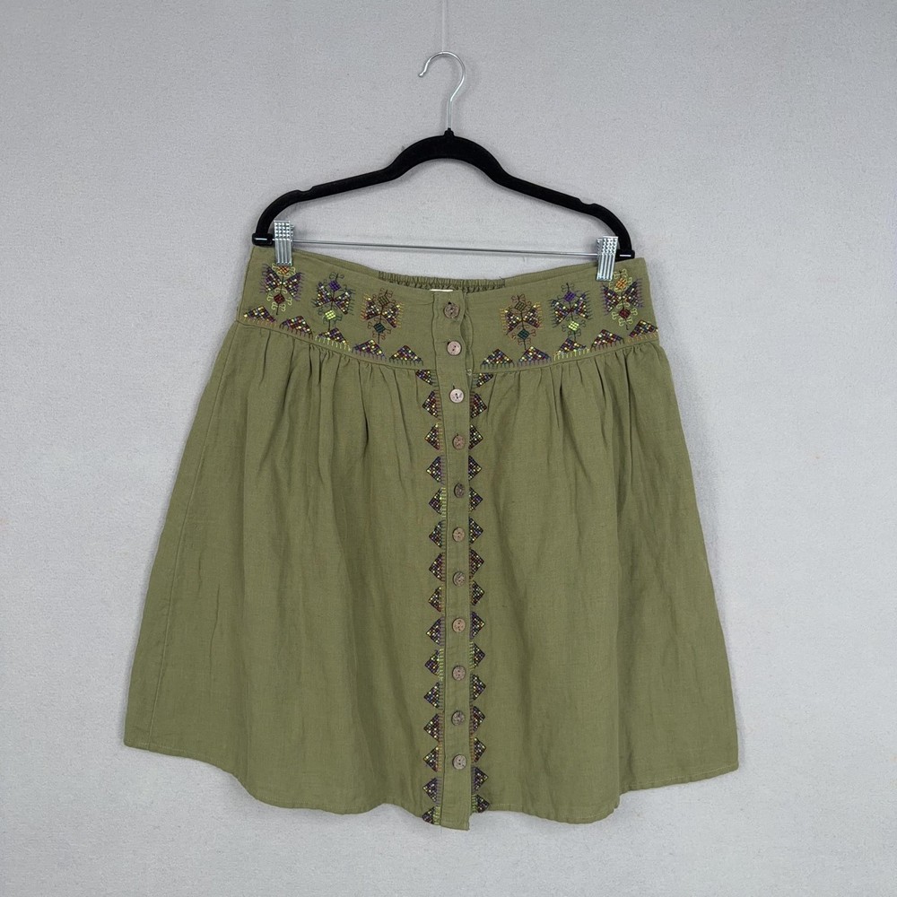 Maeve Skirt Womens 14 Green Embroidered Button A-Line Linen Blend Boho Fairy