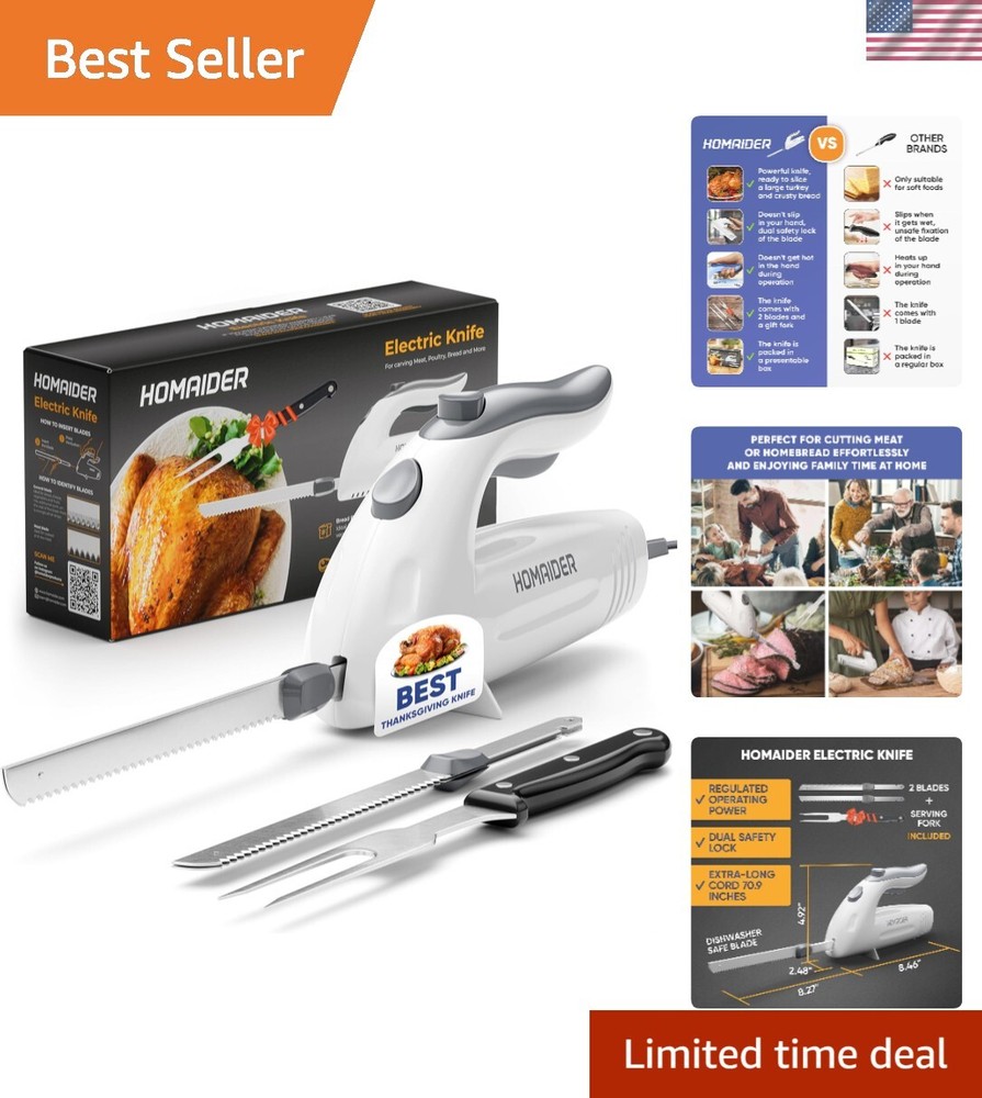 Electric Knife Set with Fork for Carving Meat Turkey Bread & More