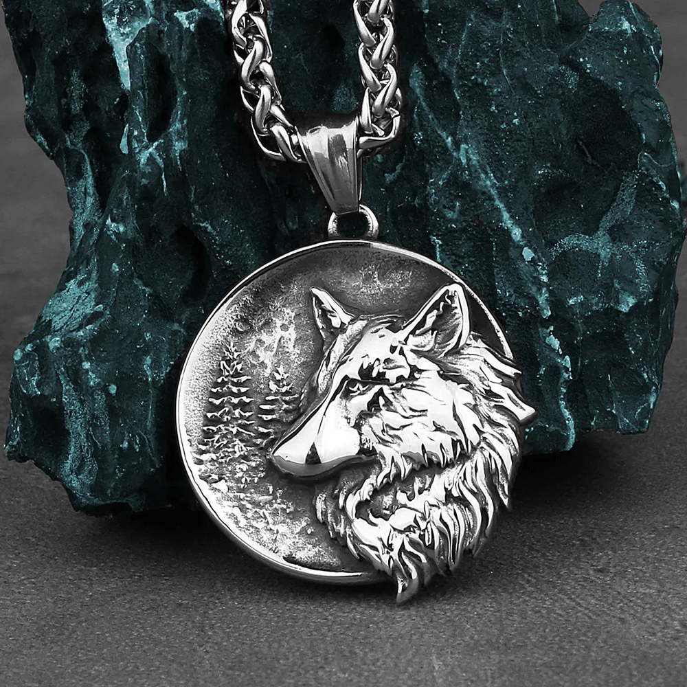 Wolf Pendant Necklace - Titanium Steel with Forest Background
