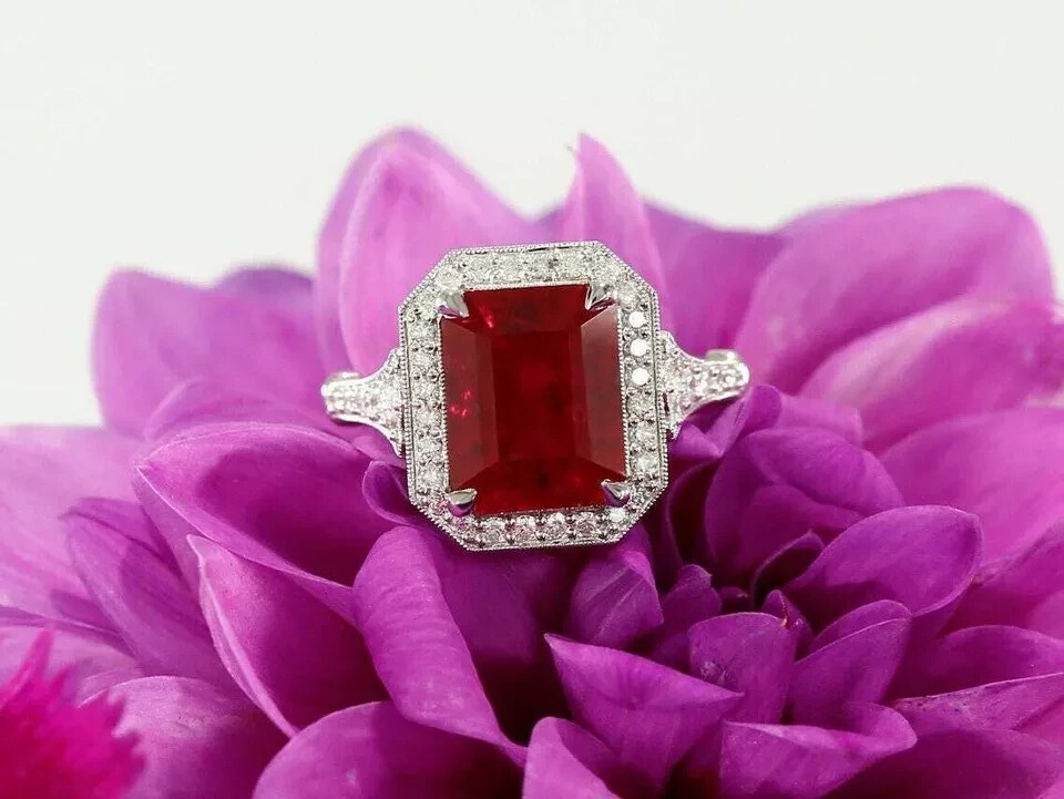 4.92 Ct Real Natural Ruby Diamond Wedding Beautiful Ring 14K Solid White Gold
