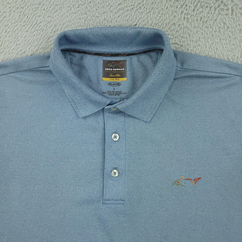 Greg Norman For Tasso Elba Polo Shirt Mens Large Blue Five Iron PlayDry Golf
