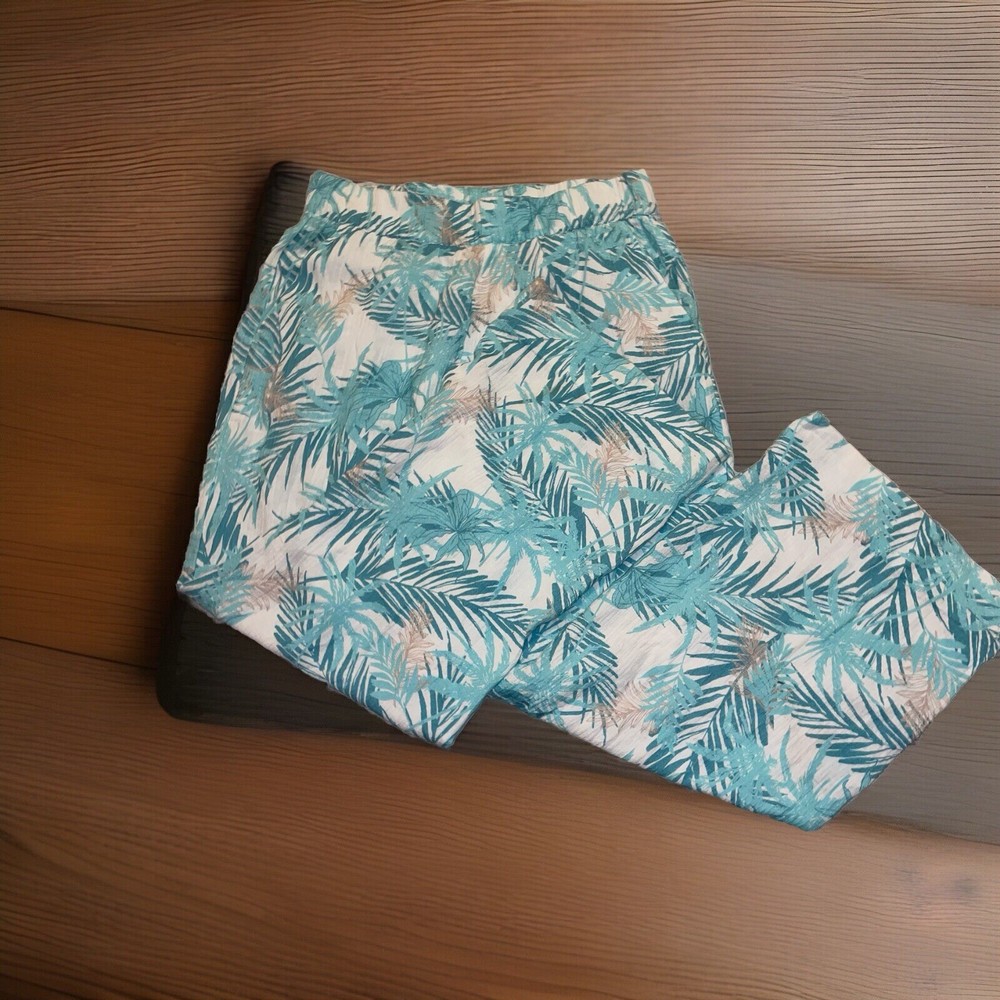 Soft Surroundings Medium Blue Palm Tree Linen Wide Leg Pants J1  