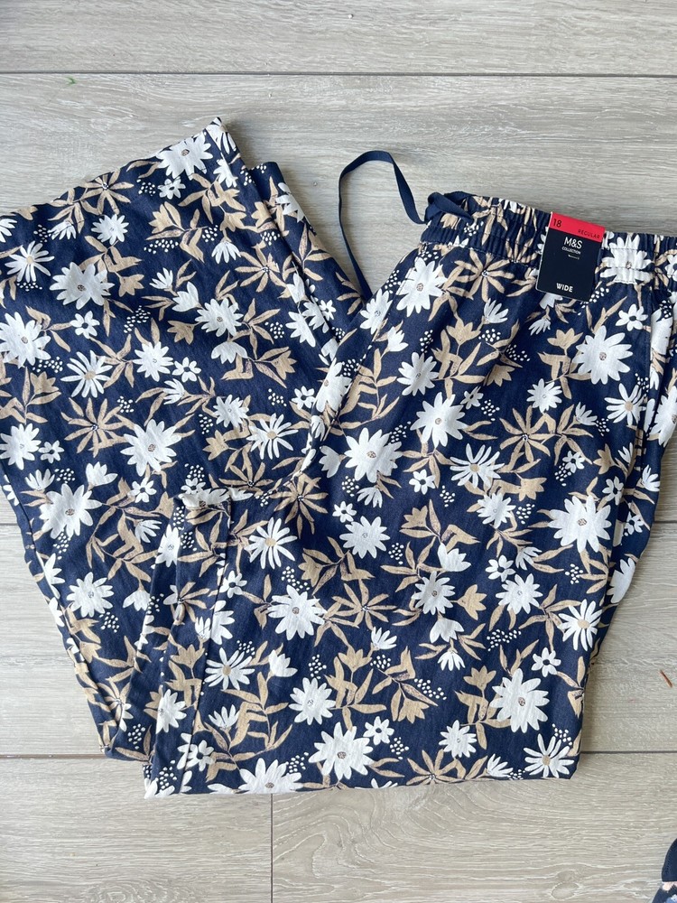 M&S Womens Linen Blue Beige Mix Floral Regular Fit Trousers Size 18 Regular Wide