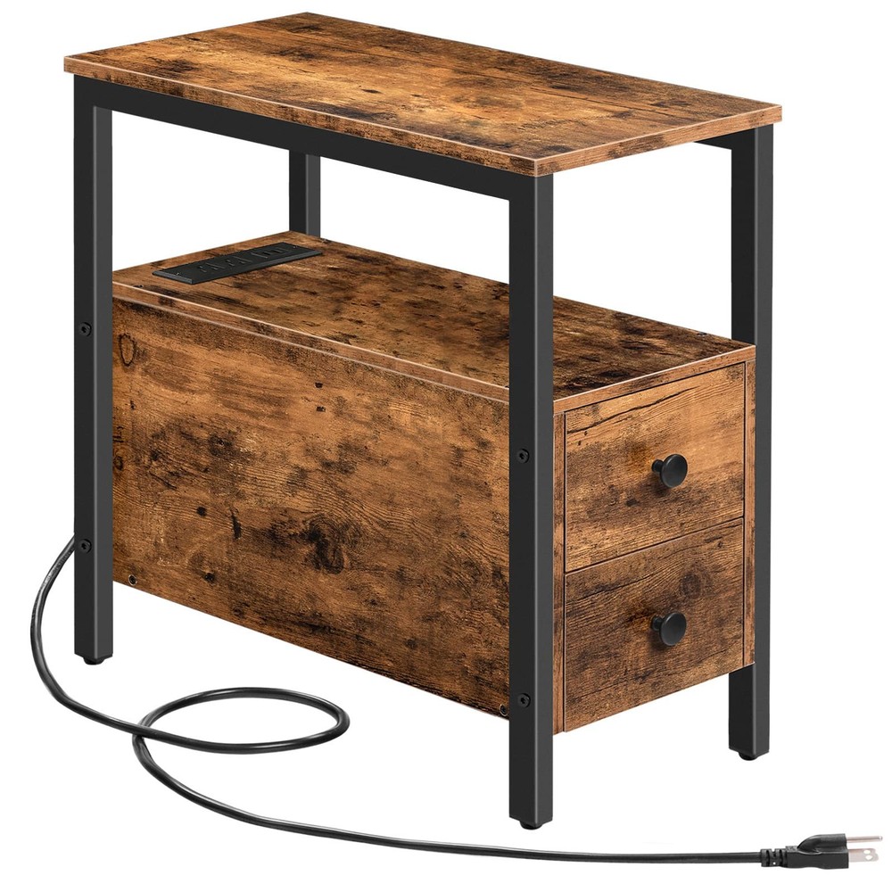 HOOBRO Narrow End Table with 2 Drawers and USB Charging Station for Small Spaces