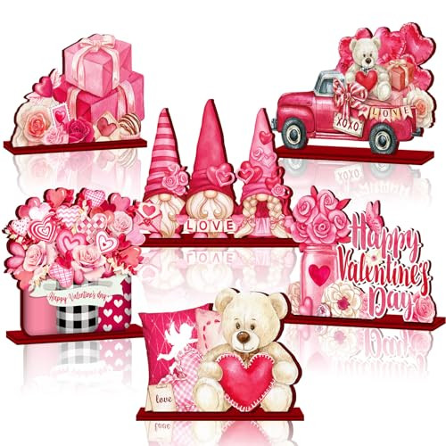 6 Pcs Cute Valentine's Day Wooden Rustic Table Decorations Pink Valentines