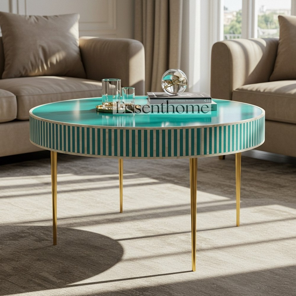 Luxury Teal Bone Inlay Round Coffee Table with Striped Design and Gold Base