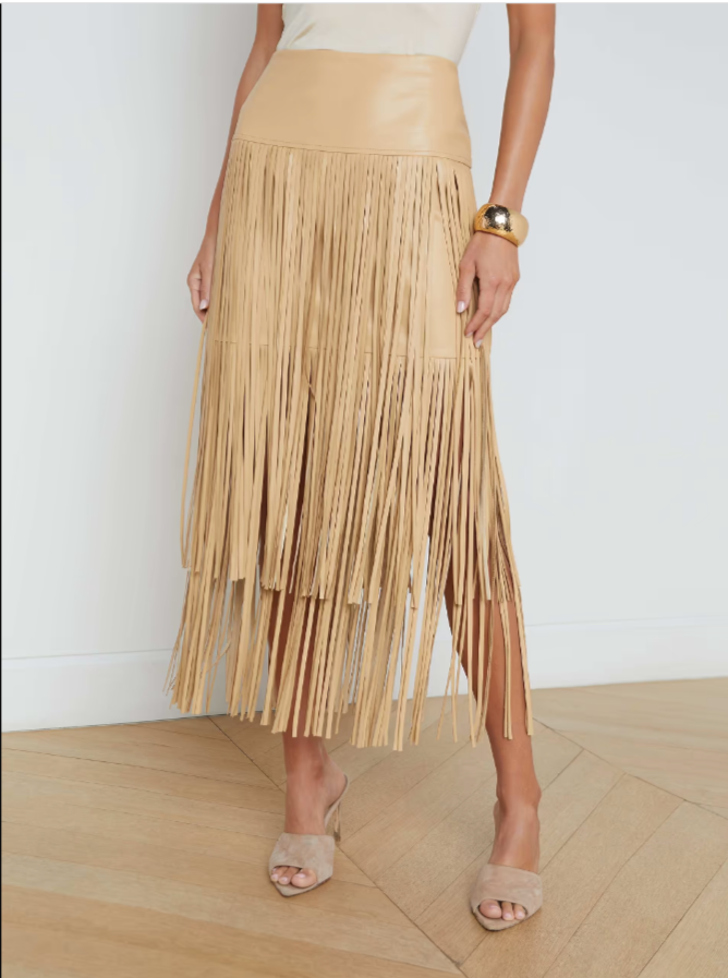 L'Agence Skirt Womens 8 Beige Tan Vegan Leather Fringe Karolina