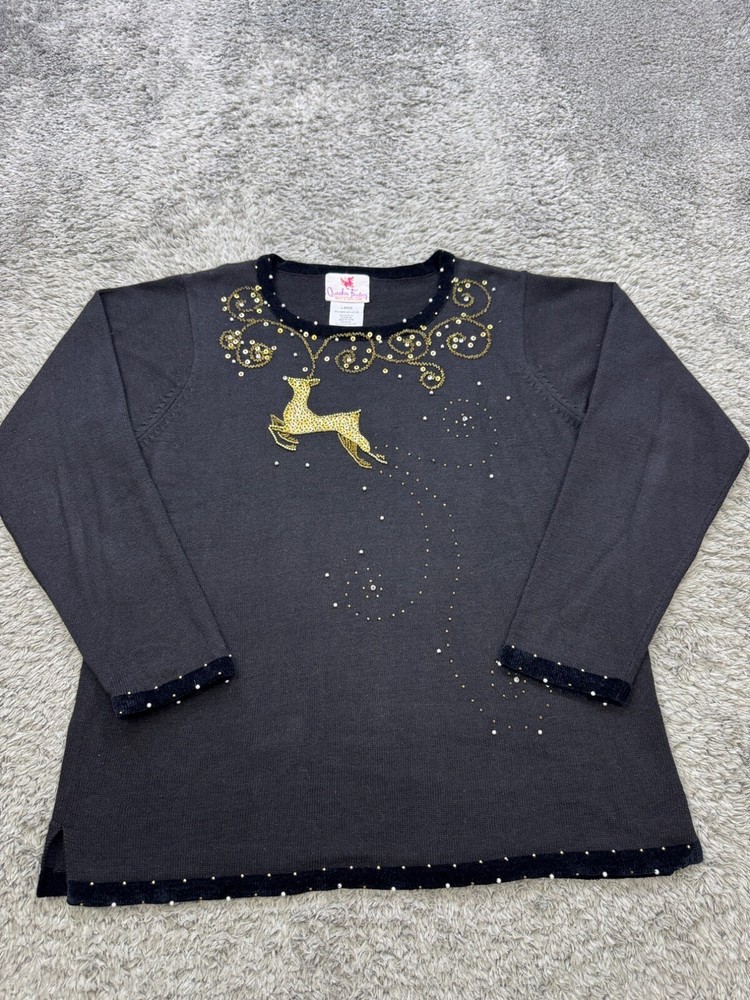 Quaker Factory Sweater Womens Large Black Velvet Trim Holiday Embellish Reindeer