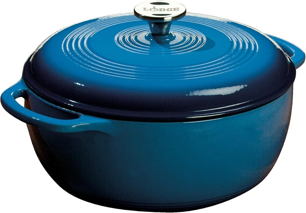 Lodge 6 Quart Enameled Cast Iron Dutch Oven with Lid – Dual Handles – Blue