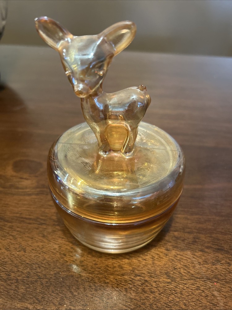 Vtg Deer Jeannette Carnival Glass Marigold Iridescent Trinket Candy Powder Dish