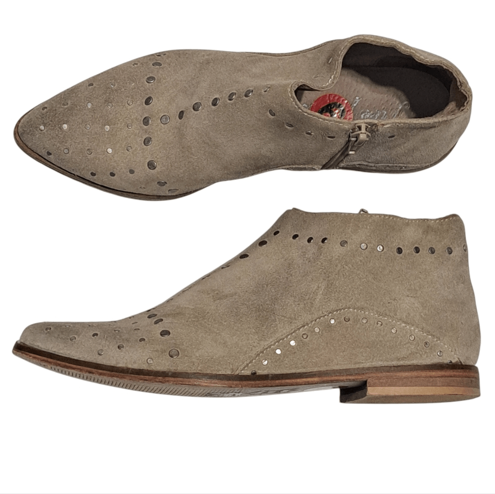 Free People Aquarian Studded Leather Distressing Suede Ankle Boots in Taupe Size 6