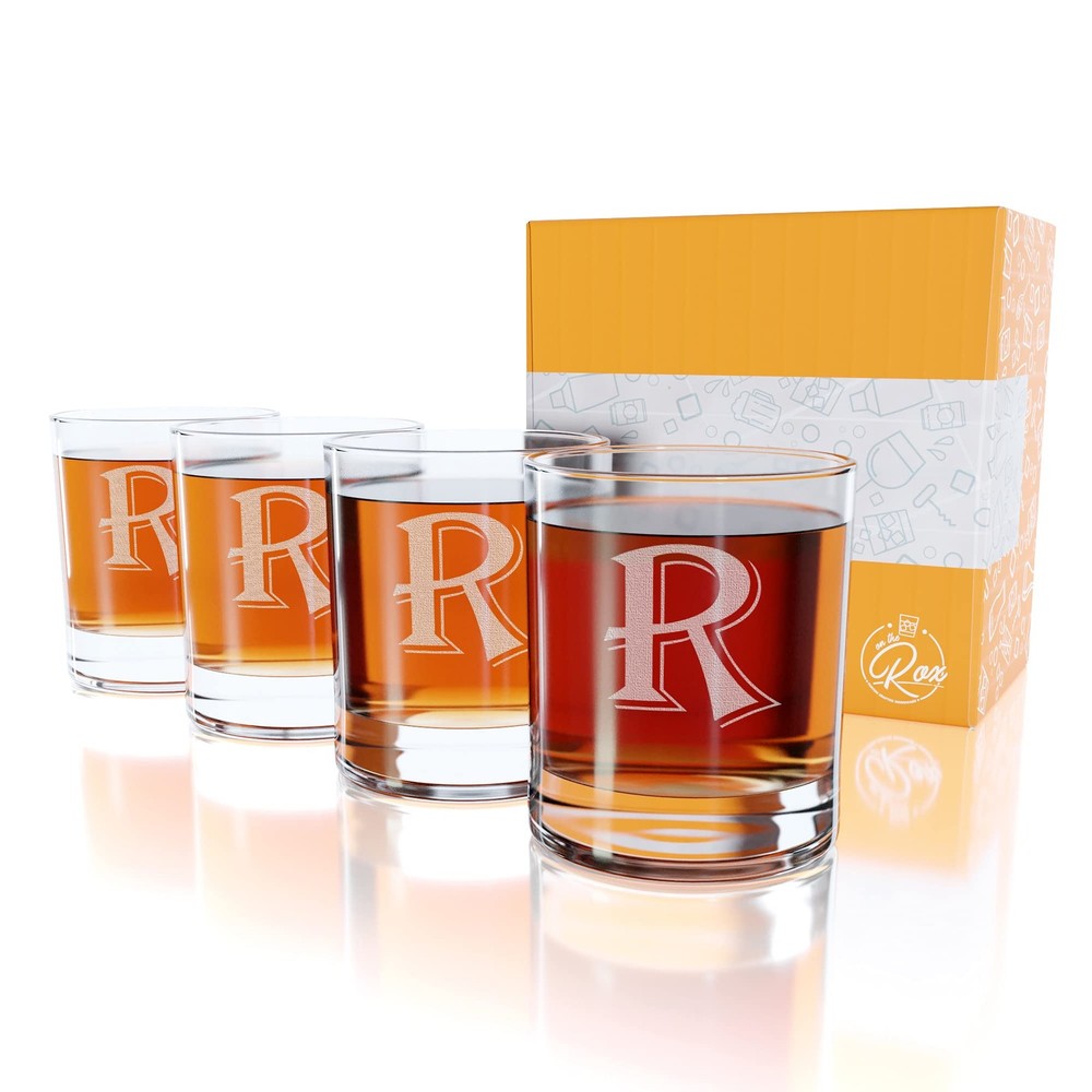 R-Monogram 4-Piece 11oz Engraved Heavy Base Rocks Glass Set Elegant Barware
