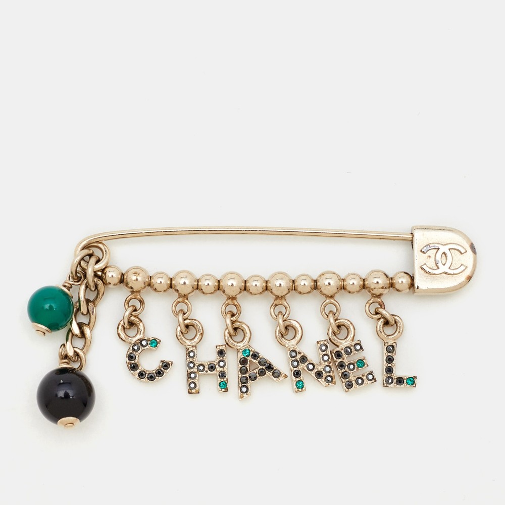 Chanel Multicolor Crystal Safety Pin Brooch with Logo