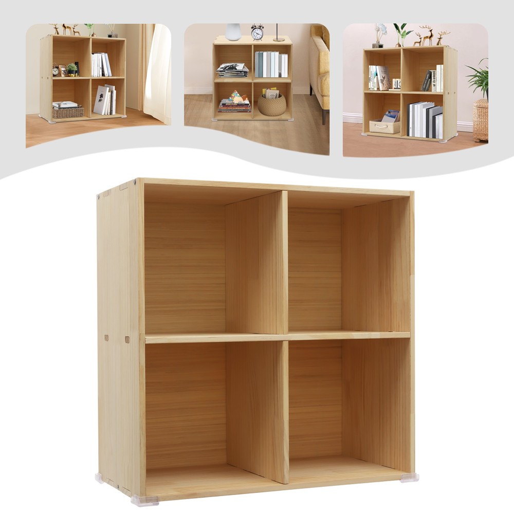 4 Cube Solid Wood Shelves, Wooden Shelf Bookcase,  Floor Standing Bookshelf