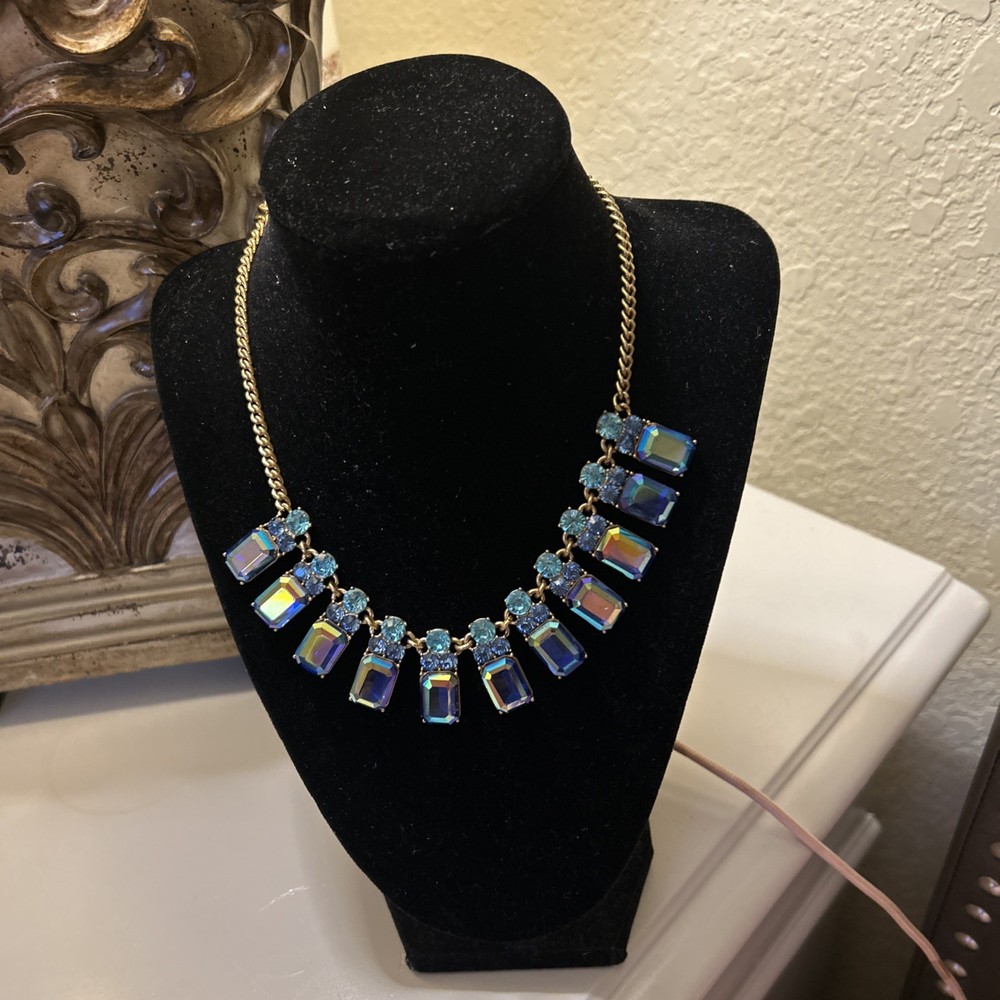 J.CREW Gold Tone Brulee Rhinestone Necklace Iridescent Aurora Borealis