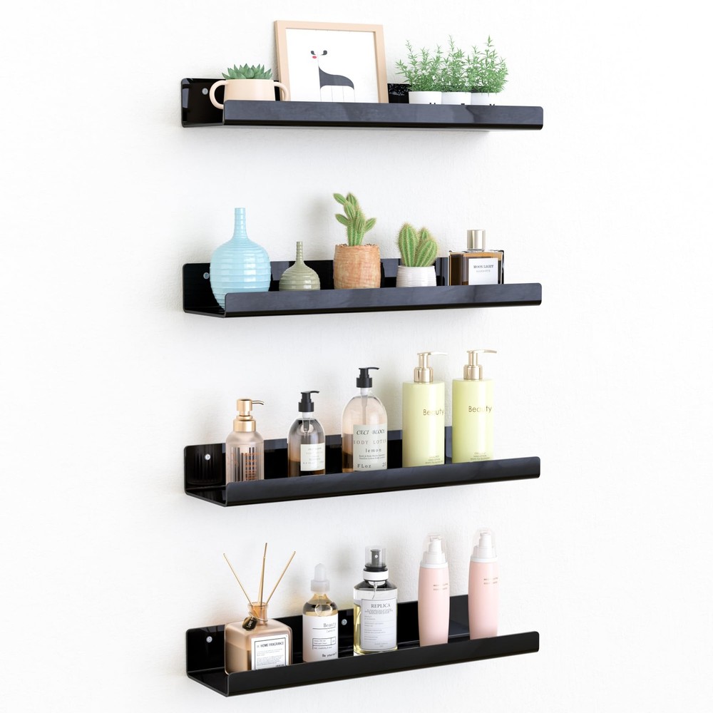 Acrylic Floating Wall Shelves 15in Perfume Display Organizer Black 4-Pack