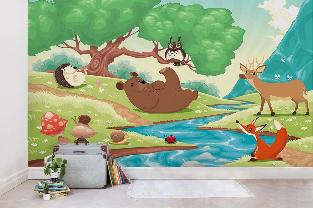 3D Tree Animal River Watercolor Wall Murals Wallpaper Murals Wall Sticker