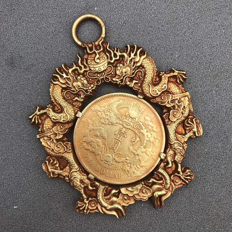 Double Dragon Copper Gilded Pendant Gold Auspicious Ornament