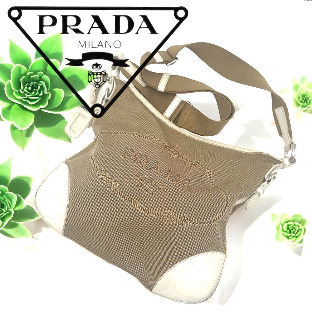 RARE PRADA Canvas & Leather Shoulder Bag with Logo