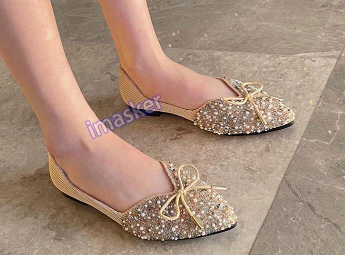 Sweet Women Pointy Toe Flats Slip on Bowknot Rhinestones Girl Loafers Party Shoe