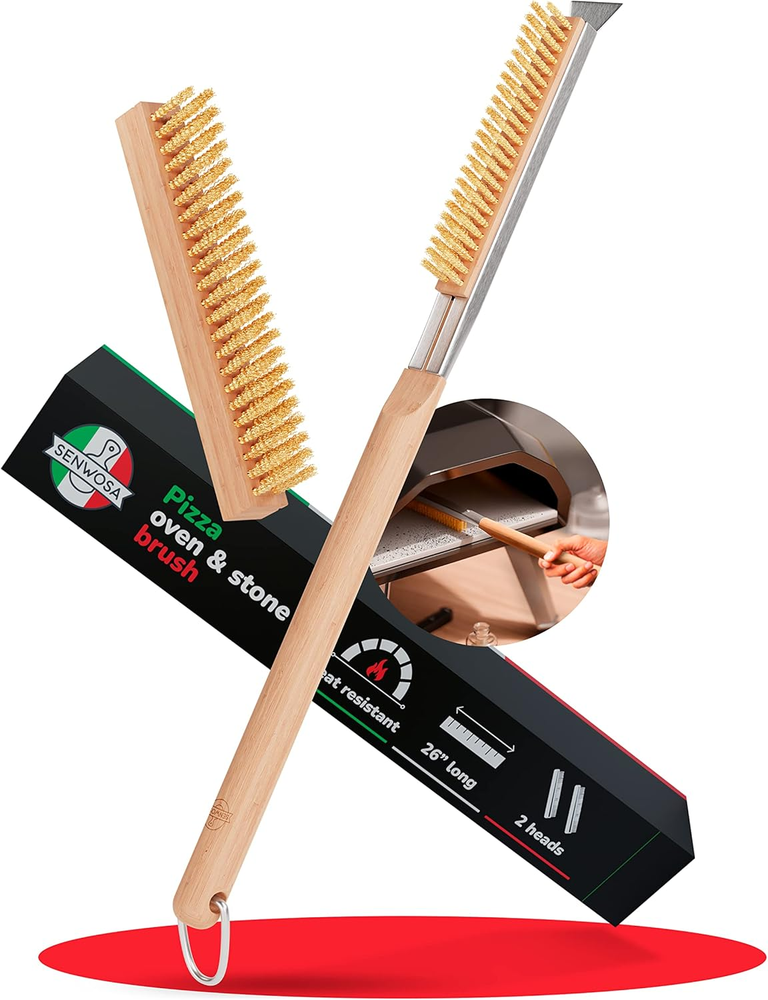 26-Inch Heat-Resistant Pizza Oven Brush with Stainless Steel Bristles and Stone Scraper
