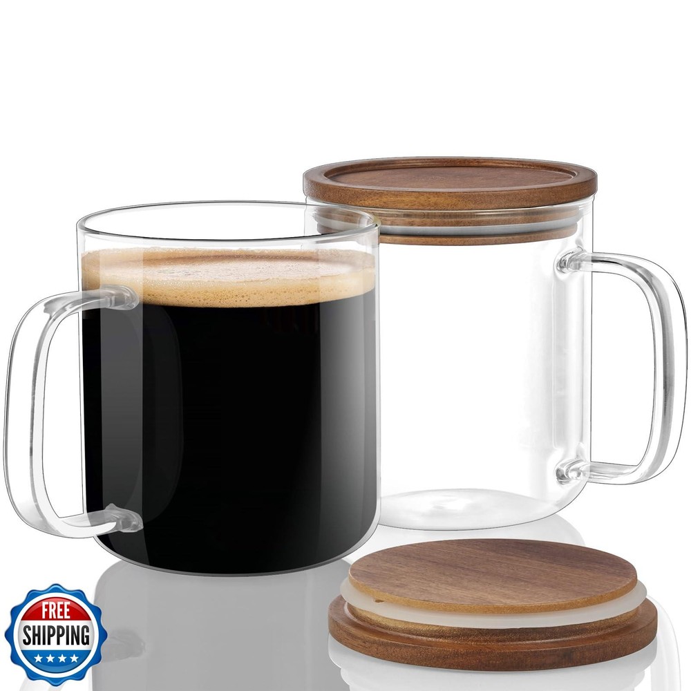 DRASTAR 16 oz Glass Coffee Mugs with Acacia Wood Flat Bottom