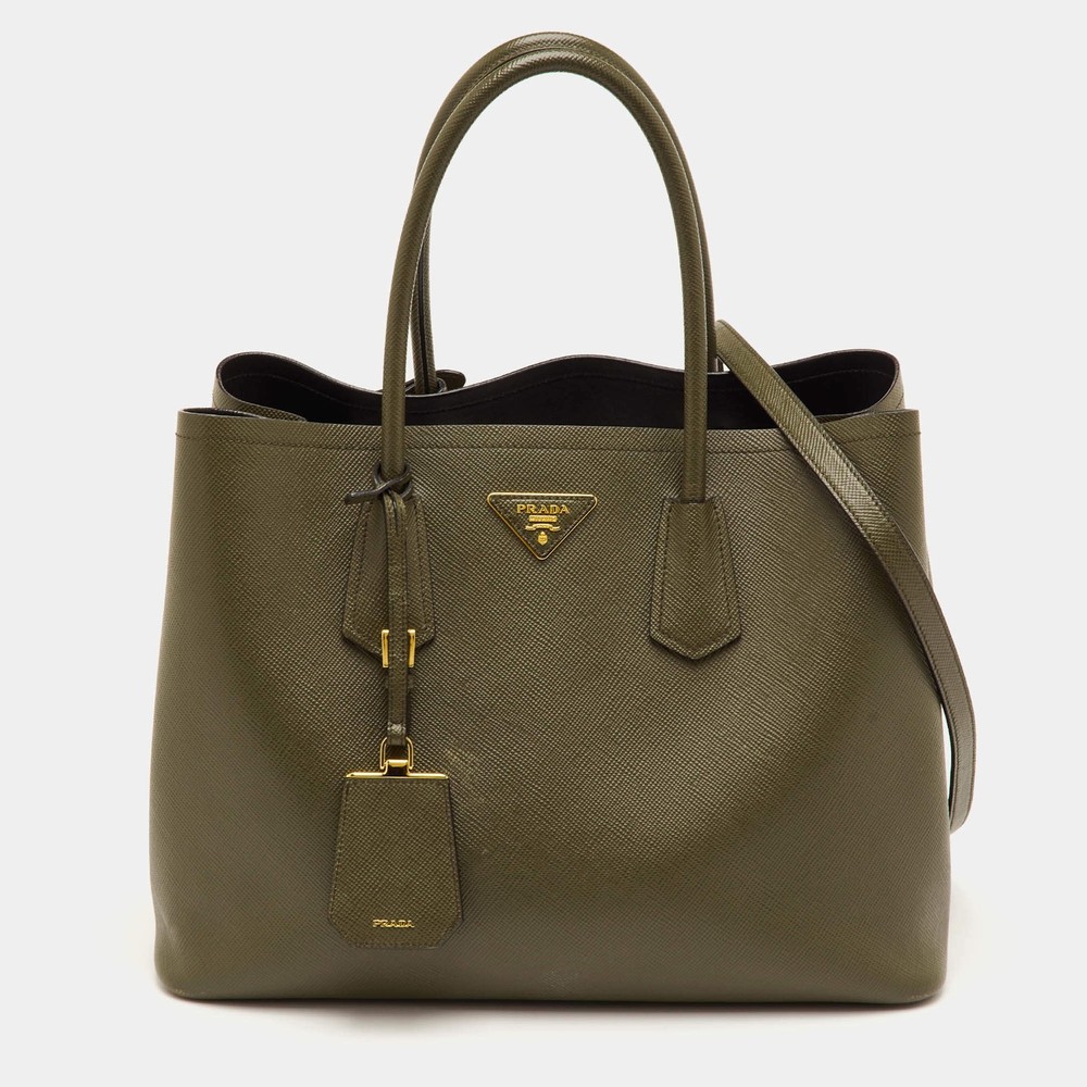 Prada Double Handle Medium Green Saffiano Cuir Leather Tote