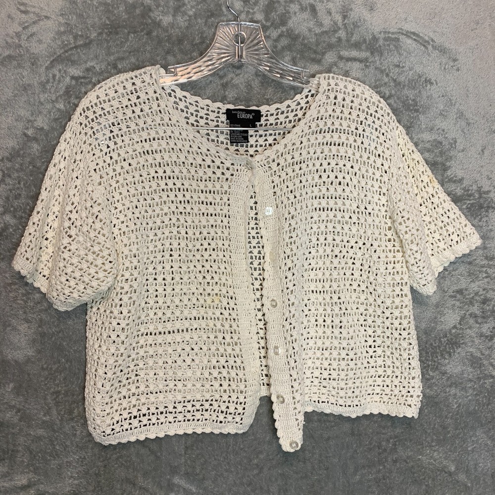 Vtg Europa Women Crochet Button Front Cropped Open Knit Cardigan Sweater L