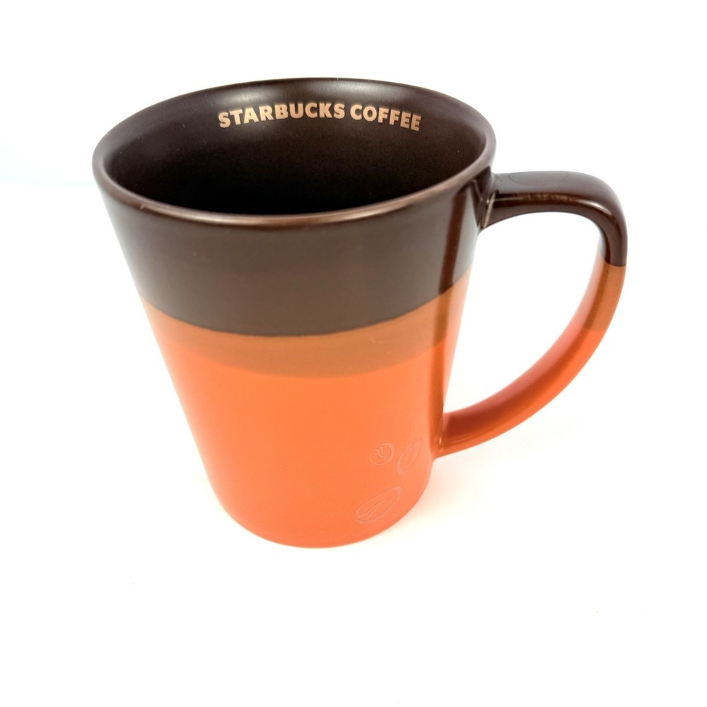 Retro 2009 MCM Style 12 oz Starbucks Mug Brown Orange Coffee Beans