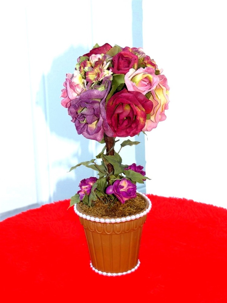 Silk Rose Topiary Tree Artificial Floral Shabby Cottage Victorian Decor