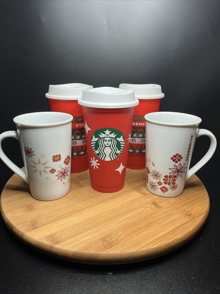 Set of Starbucks Holiday 3 Plastic Reusable Hot Drink Cups & 2 Ceramic Mugs EUC