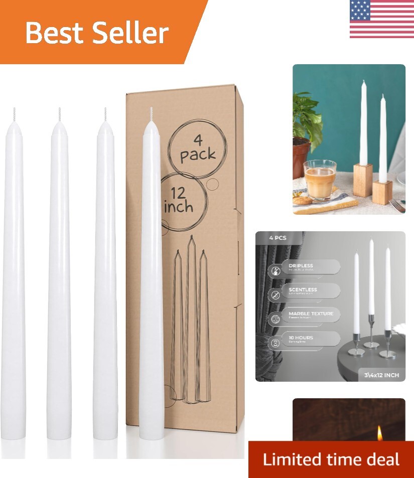 Hand-Poured Dripless White Taper Candles 12-Inch - Perfect for Weddings