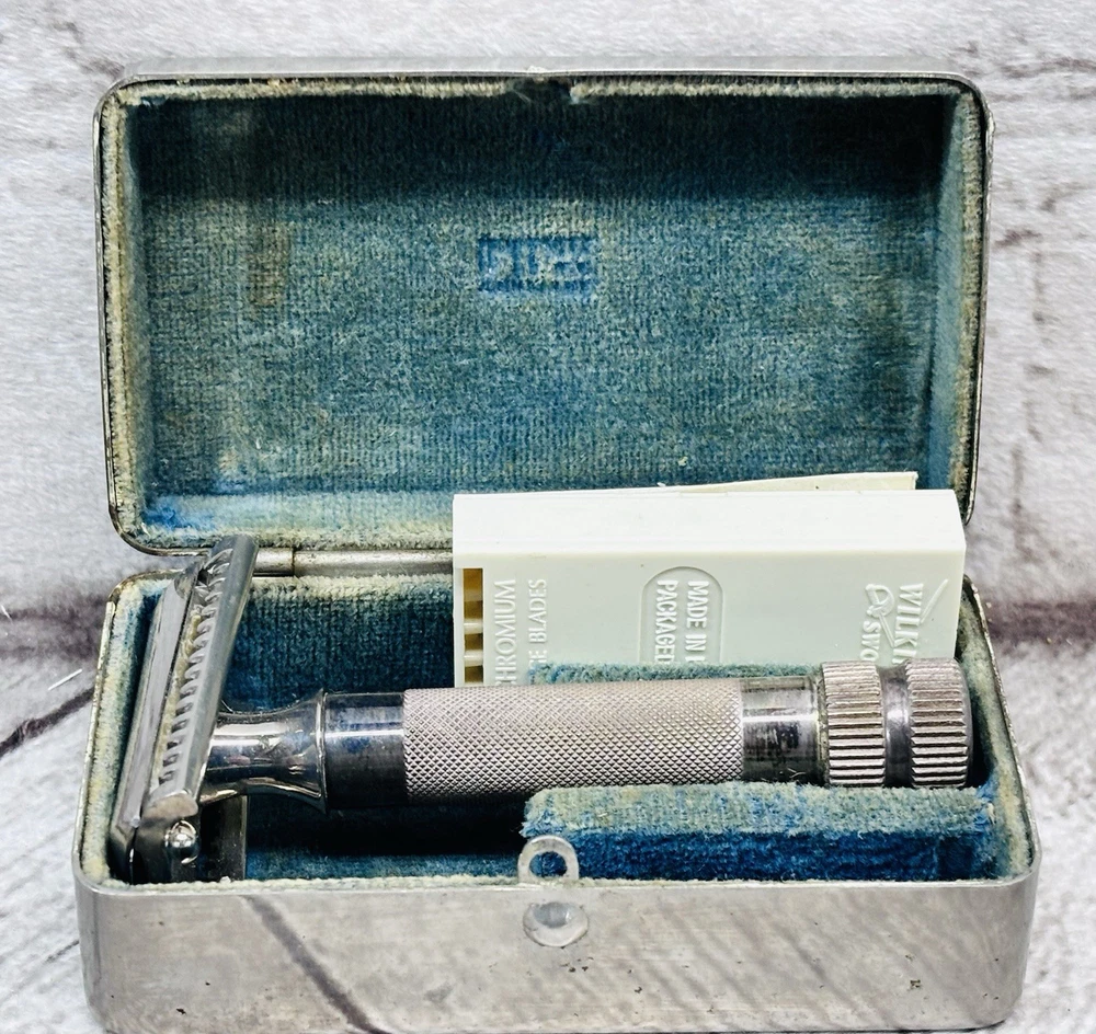 Vintage Hoffritz Germany Slant Bar Safety Razor Metal Case Wilkinson Blades