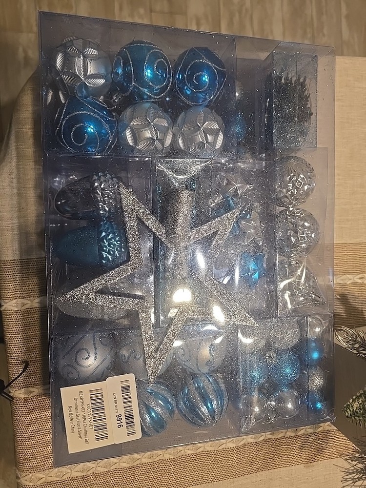 Light Blue and Silver Christmas Ornaments Set, Assorted 110Pcs Balls Ornament...